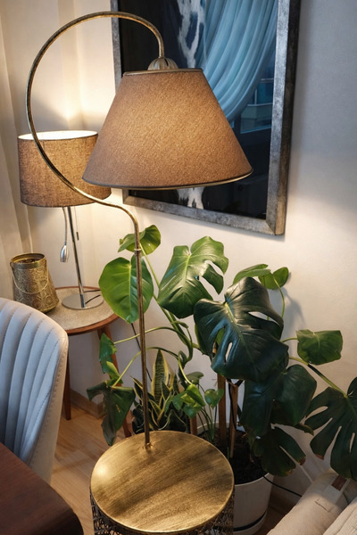 VENON Sehpalı Lambader Elips Siyah Sarı Patine ⭐️Kahverengi Kumaş Şapka ⭐️Sal...