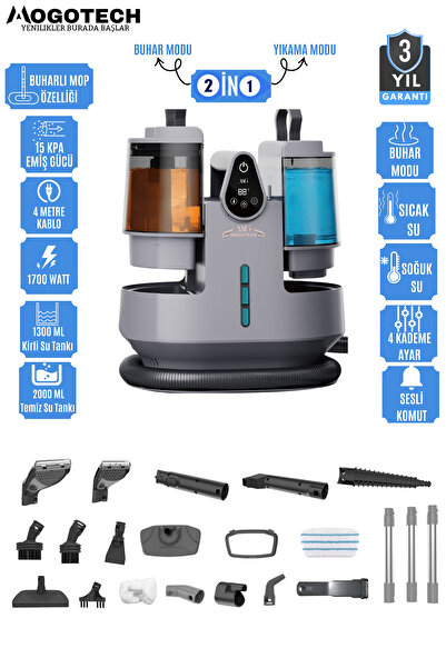 Mogotech MG-201 Premium - Sesli Komutlu Buharlı Temizlik Makinesi Mop Başlıkl...