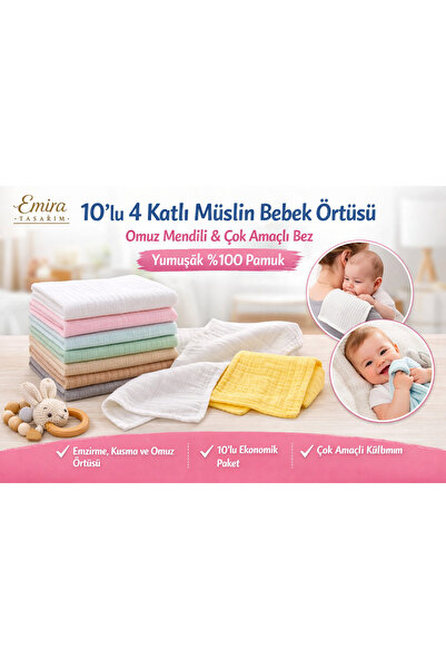 emira tasarım 10'lu Paket 4 Katlı Müslin Bebek Omuz Örtüsü - Karışık Renkli B...