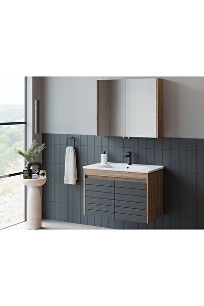 ROSEART BANYO BİANKA CEVİZ ANTRASİT 80CM BANYO DOLAP SETİ ÜST MODÜL + ALT MOD...