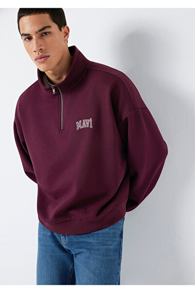 Mavi Logo Printed Semi-Zip Burgundy Sweatshirt 0S10208-70434