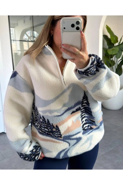 mzr Yarım Fermuarlı Dik Yaka Manzara Desenli Sweatshirt