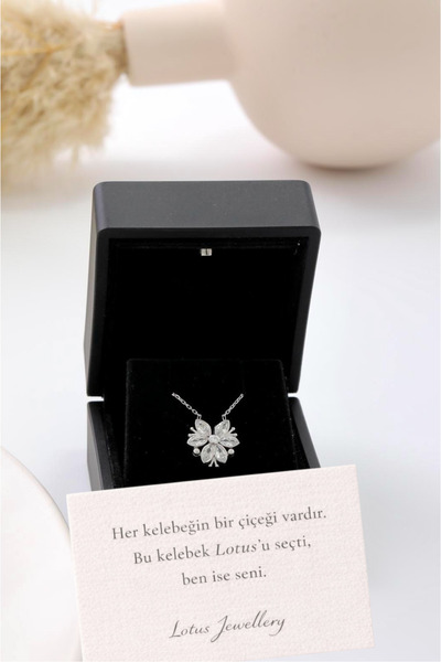 LOTUS JW 925 Ayar Gümüş Işıklı Kutulu Kelebek Lotus Çiçeği Kolye - 925 Ayar G...