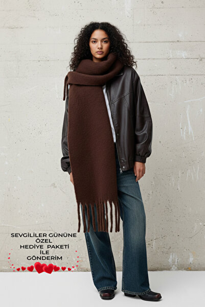 Bermody Puffy Kahverengi Yumuşak Dokulu Kadın Atkı Şal Omuz Şalı 50 x 190 cm ...