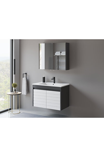 ROSEART BANYO BİANKA ANTRASİT BEYAZ 80CM BANYO DOLAP SETİ ÜST MODÜL + ALT MOD...