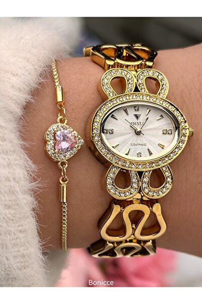 Fiesta ساعة يد فاخرة من الفولاذ باللون الأبيض مع سوار شبكي ذهبي اللون VIP 3 A...