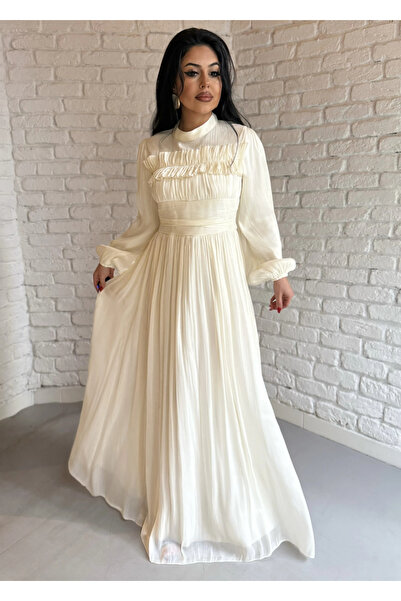 moneta boutique Women's Elegant Chiffon Pleated Long Dress – Lined & Fitted a...