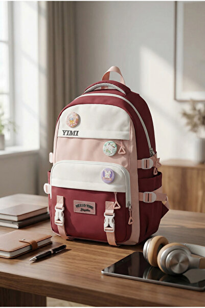 roys joys حقيبة ظهر مدرسية باللون العنابي من لوفي - على الطراز الكوري مع دمية دب