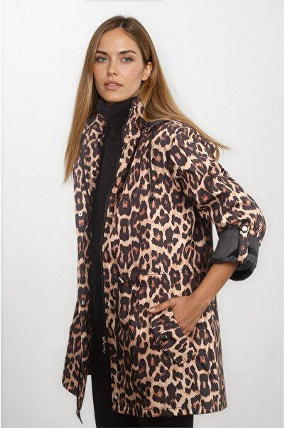 Spazio Mcguire Kapüşonlu Çıtçıtlı Katlamalı Kol Leopar Desen Kaban