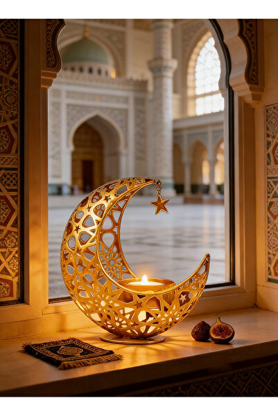 Yoawllty حامل شموع ذهبي مزخرف بنقوش هلالية على شكل هلال، ديكور رمضاني للمنزل،...