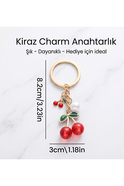 Hilosh Kiraz Figürlü İnci Detaylı Altın Renk Anahtarlık ve Çanta Aksesuarı