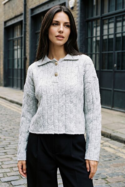 Amia&Co. Pulover de damă croială confortabil, gri, cu guler polo, din viscoză