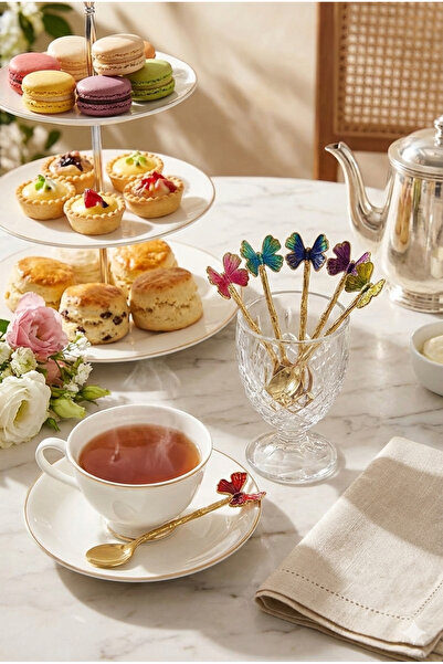 Moon Dizayn Gold Kaplama Kelebek Figür Mineli 6'lı Çay Kaşığı