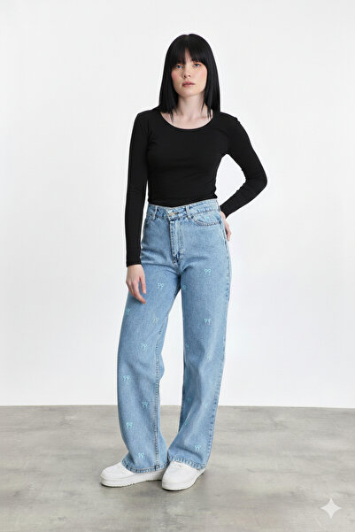 sion jeans Bow Kiss Blue Ribbon Wide Leg Basic Jeans