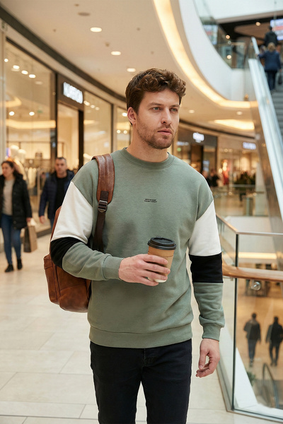 Buratti Pamuklu Relaxed Fit Bisiklet Yaka Şardonlu Renk Bloklu Sweat Erkek SW...