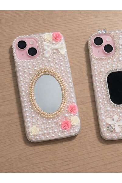 Olinza Shop iPhone 13 Pro Max Pearl Detailed Mirrored Phone Case Pink Rose & Bow Design Stylish