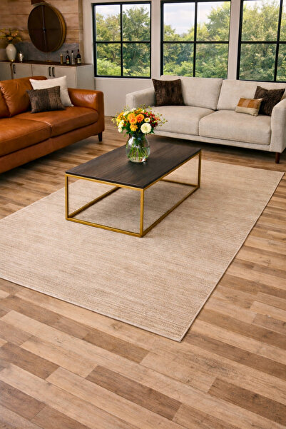 GÜMÜŞSUYU Rustic Plus 80015 Bej Halı - Modern Dokuma Tabanlı Yıkanabilir Salo...