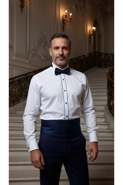 MEGALDİ Erkek Beyaz Damatlık Ata Yaka Lacivert Şeritli Gömlek