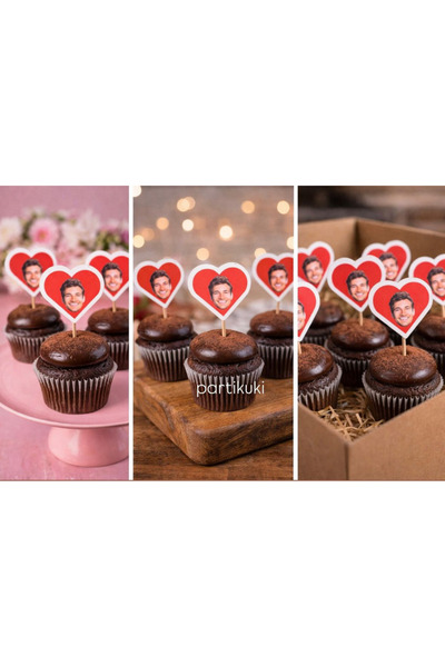 partikuki Kişiye Özel Fotoğraflı Kalp Şekilli Cupcake Kürdan Süsü – 10 Adet |...