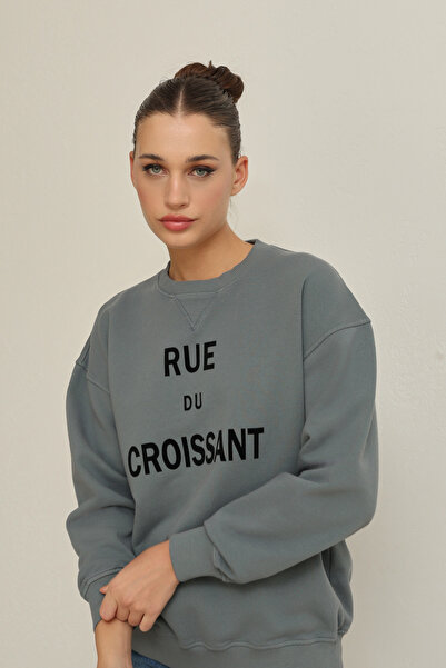 Amia&Co. bumbac 100% Gri guler rotund cu imprimeu supradimensionat Femei Swea...