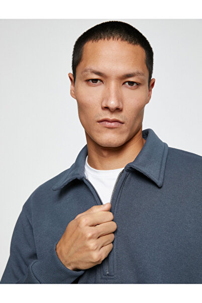 Koton Polo Collar Sweatshirt with Pockets and Half Zipper, Long Sleeves