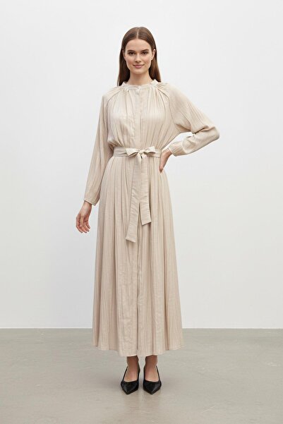 Puane Rochie de damă cu guler cu pliuri și curea - 12618ELB - STONE