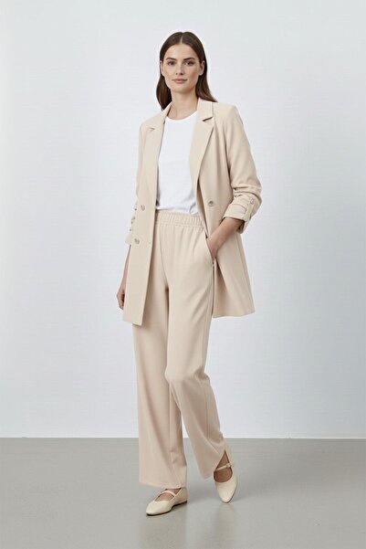 Puane Women's Button Detailed Trousers Blazer Jacket Set - 14321Tkm - Stone
