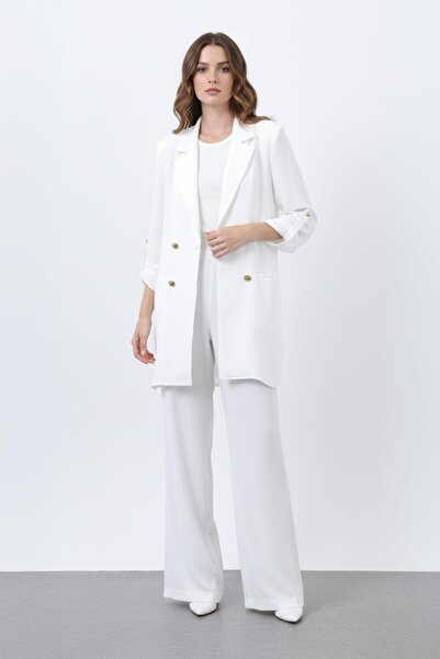 Puane Women's Button Detailed Trousers Blazer Jacket Set - 14321Tkm - Ecru