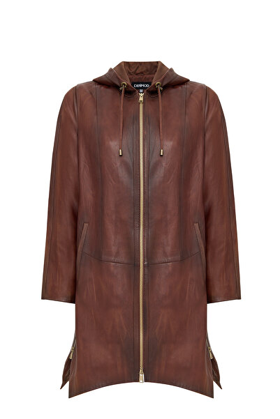 Derimod Daniela Women Brown Hooded Long Oversized Leather Coat 25Wge5328Nc