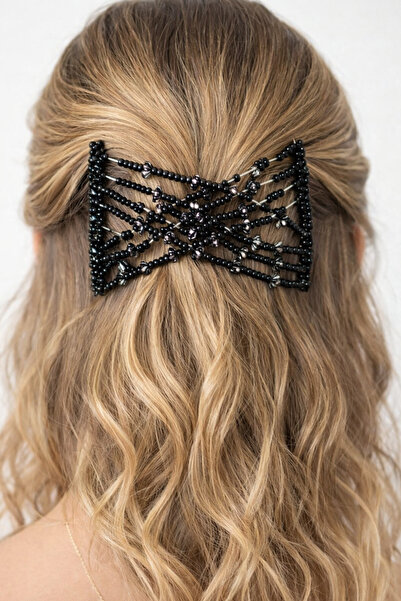 TAKIŞTIR Siyah Renk Boncuk Detaylı Sihirli Saç Tokası Tel Tarak Toka