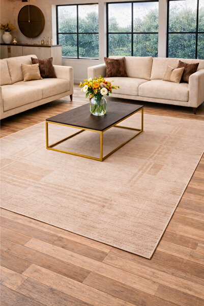 GÜMÜŞSUYU Rustic Plus 80016 Krem Halı - Modern Dokuma Tabanlı Yıkanabilir Sal...