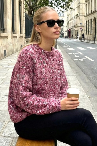 lamea Kadın Bisiklet Yaka Oversize Triko Kazak - Pembe Melanj