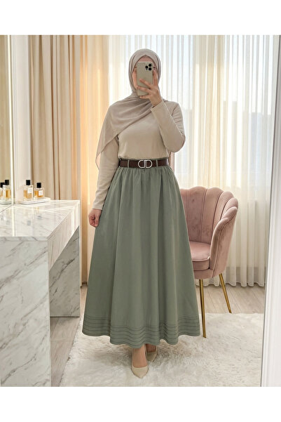 Modamorfo Imported Soft Gabardine Skirt with Hem Stitching Detail, Elastic Wa...