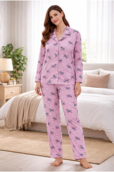 Luna Pembe zebra desenli gömlek yaka pijama takımı