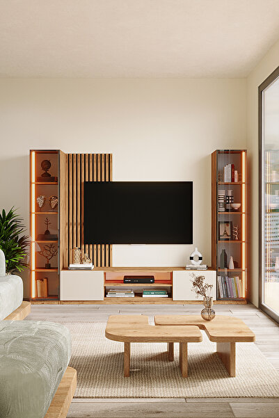 Avmpark Orea Tv Ünitesi 180 Cm Led Işıklı Akustik Panelli İki Yanı Kitaplıklı...