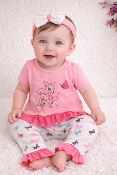 Tomuycuk Bandanalı Kız Bebek 3’lü Yazlık Takım Pembe 3-6-9-12 Ay