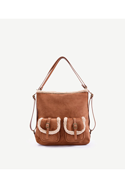 Yargıcı Çift Cepli Peluş Garnili Omuz Çantası