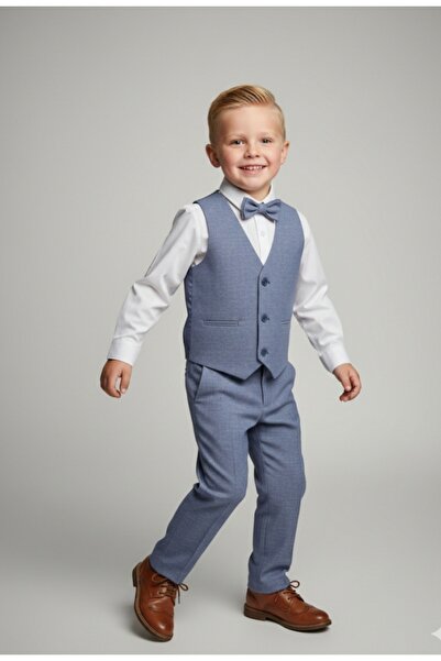 RİNDO Erkek Çocuk Yelekli+Beyaz Gömlek+Pantolon+Papyon Kumaş Takım Elbise