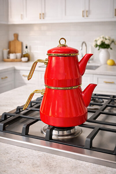 Noah Exclusive إبريق شاي مطلي بالمينا باللون الأحمر طراز عتيق 3 قطع