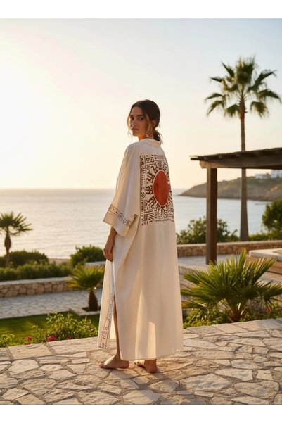 Su Koleksiyon MONK BOHEMIAN STYLE WOOD PRINTED LINEN KIMONO