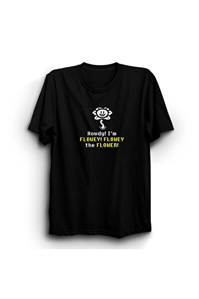 fame-stoned Tricou negru unisex 100% bumbac cu imprimeu Flowey Luck Game Unde...
