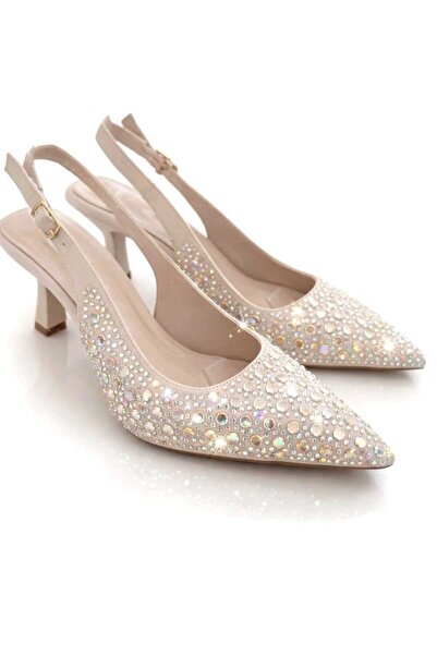 NiceDiffer Kadın Bej Taş Detaylı Kumaş Abiye Stiletto Topuklu Ayakkabı