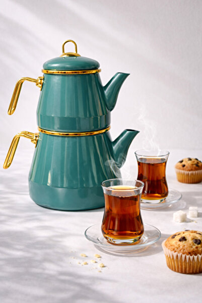 Noah Exclusive إبريق شاي مطلي بالمينا باللون الأخضر طراز عتيق 3 قطع