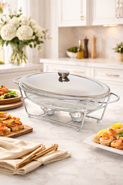 HOMEVEO سخان بوفيه زجاج بيضاوي سعة 3 لتر مع غطاء معدني وإطار حديدي متين للتقد...