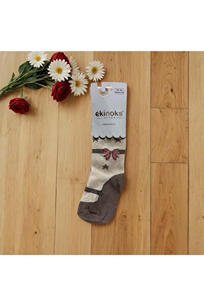 Ekinoks Seamless Cotton Girls' Tights with Bow Pattern Beige