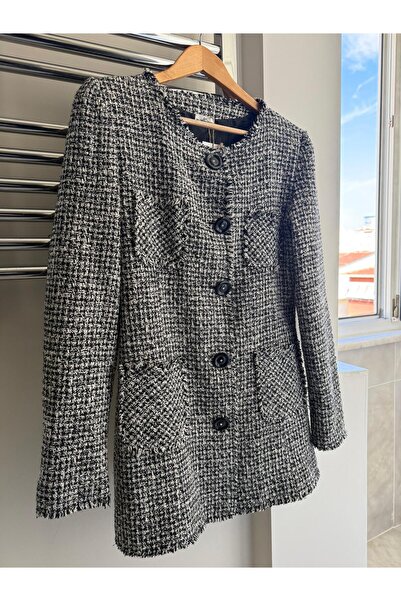 Retrokare Gri-Siyah Taş Düğmeli İnce Tüvit Blazer Ceket