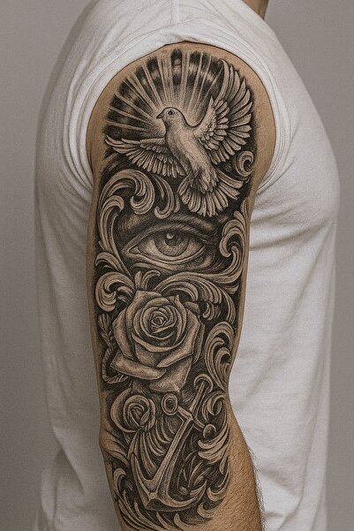 TAKIŞTIR Güvercin Ve Göz Figürlü 12 Saat Sonra Kararan Geçici Kol Dövme Tattoo