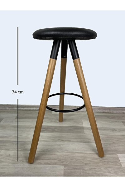 İREM Banco Bar Sandalyesi, Bar Taburesi 74cm Ahşap Ayak Siyah Deri Oturak