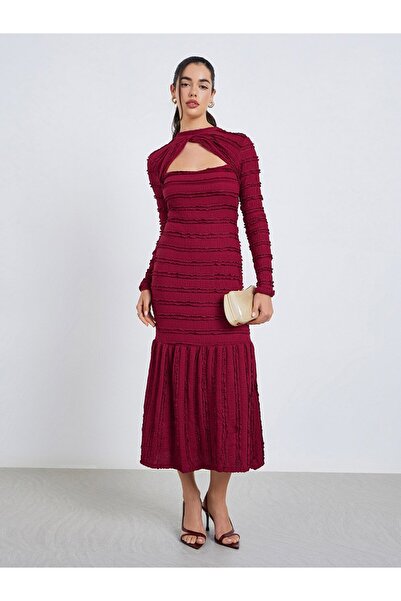 Styli فستان ميدي بتصميم حورية البحر بأكمام طويلة باللون العنابي للنساء