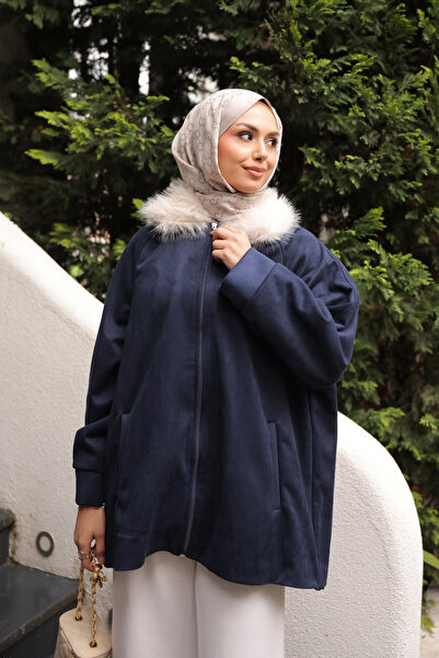 İmajButik Navy Blue Collar Fur Detailed Suede Jacket
